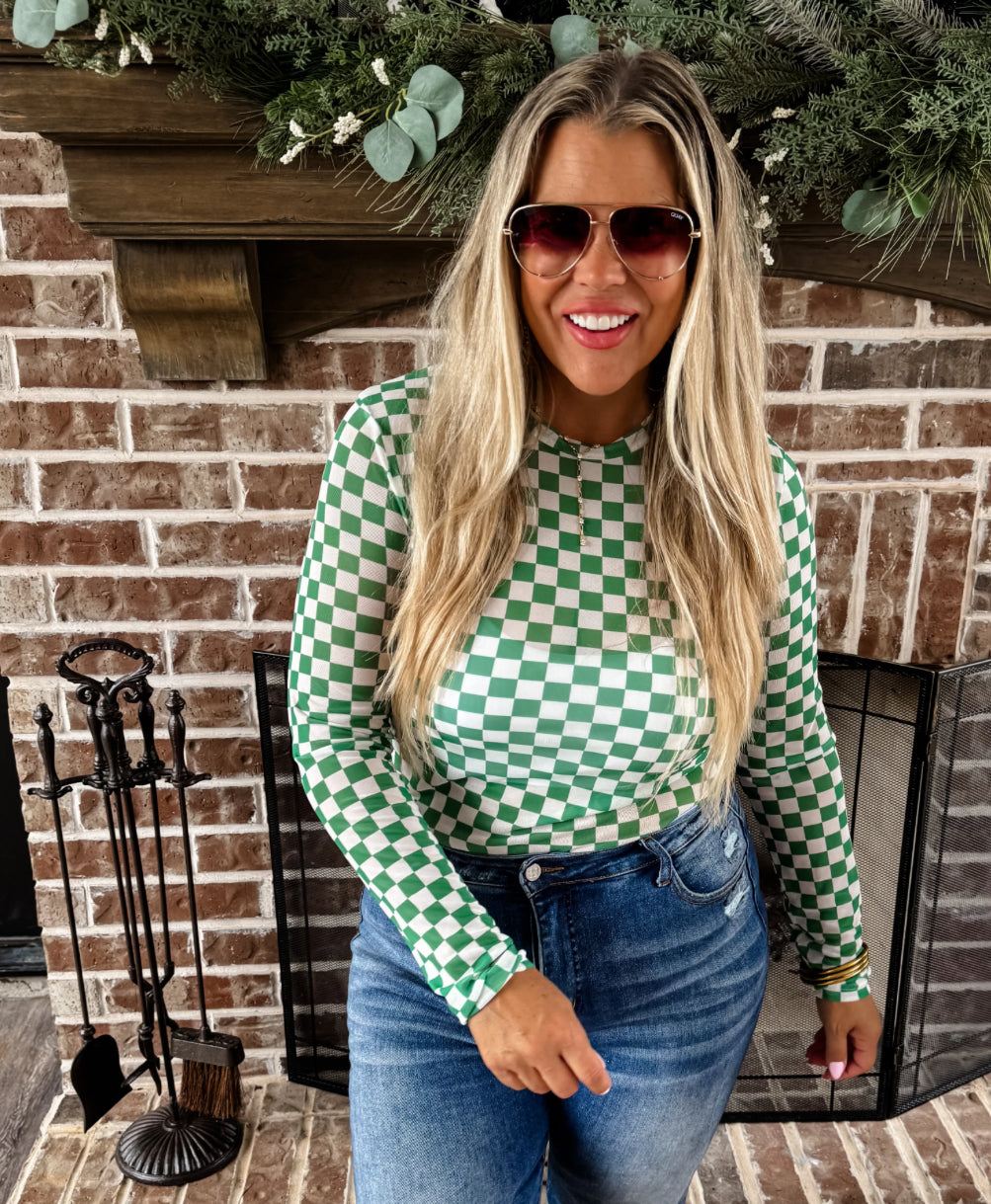 Green Checkmate Mesh Top